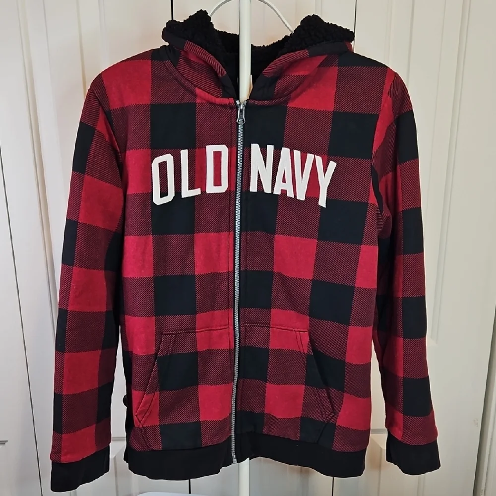 Old Navy Red and Black Checkered Zip Hoodie XL Zipup